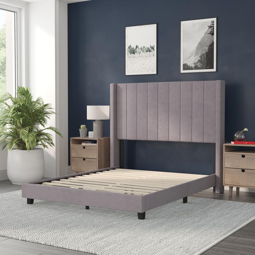 Full Upholstered Platform Bed with Vertical Stitched Headboard, Gray Velvet. Picture 6