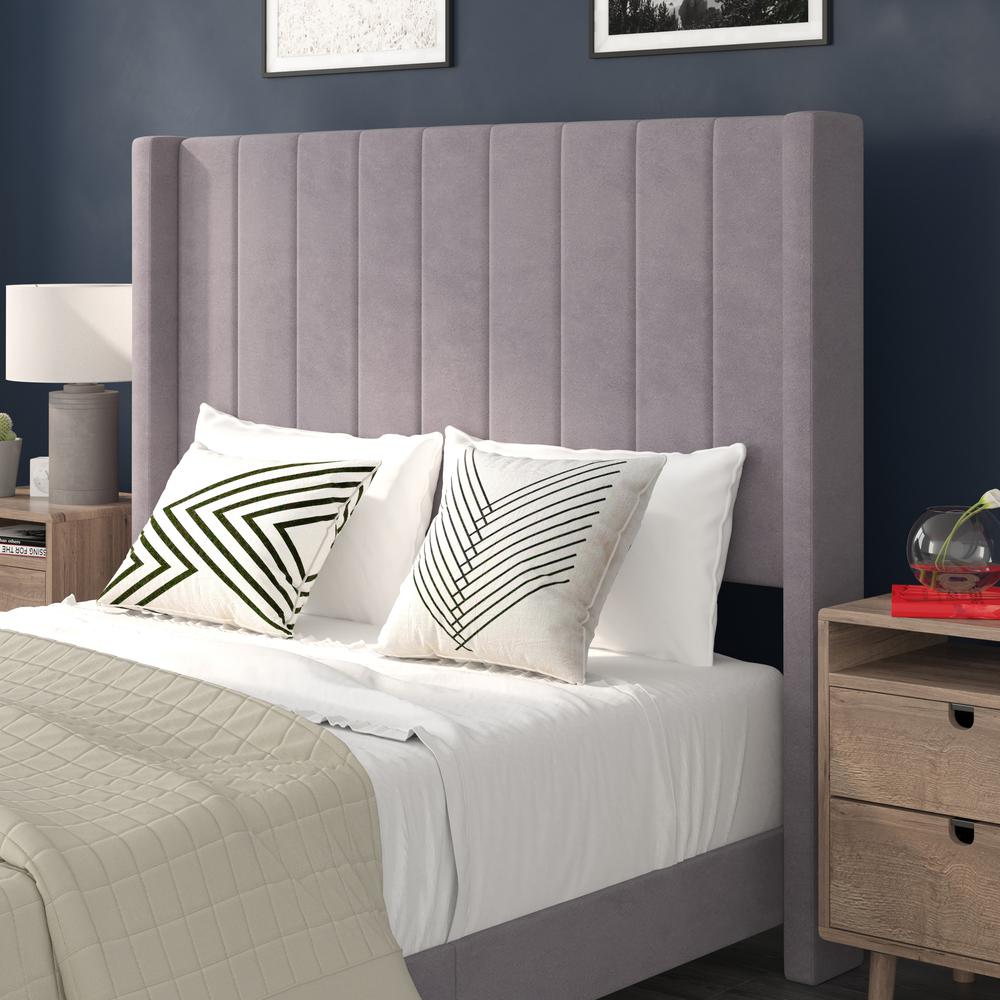 Full Upholstered Platform Bed with Vertical Stitched Headboard, Gray Velvet. Picture 7