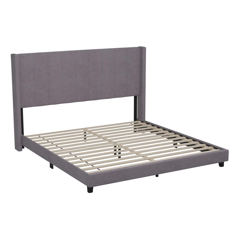 King Upholstered Platform Bed with Vertical Stitched Headboard, Gray Velvet. Picture 2