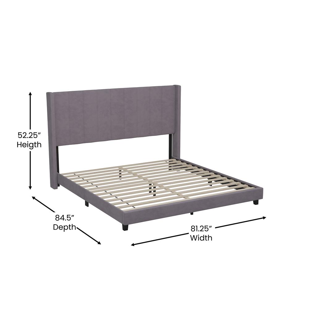 King Upholstered Platform Bed with Vertical Stitched Headboard, Gray Velvet. Picture 5