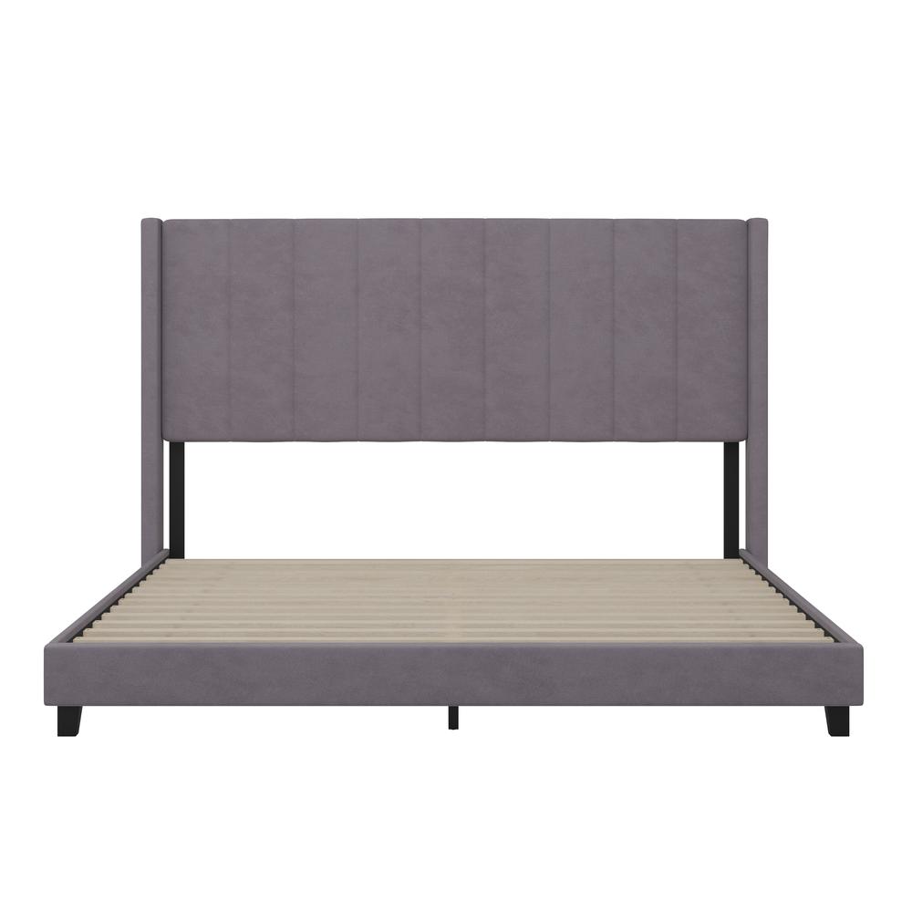 King Upholstered Platform Bed with Vertical Stitched Headboard, Gray Velvet. Picture 8