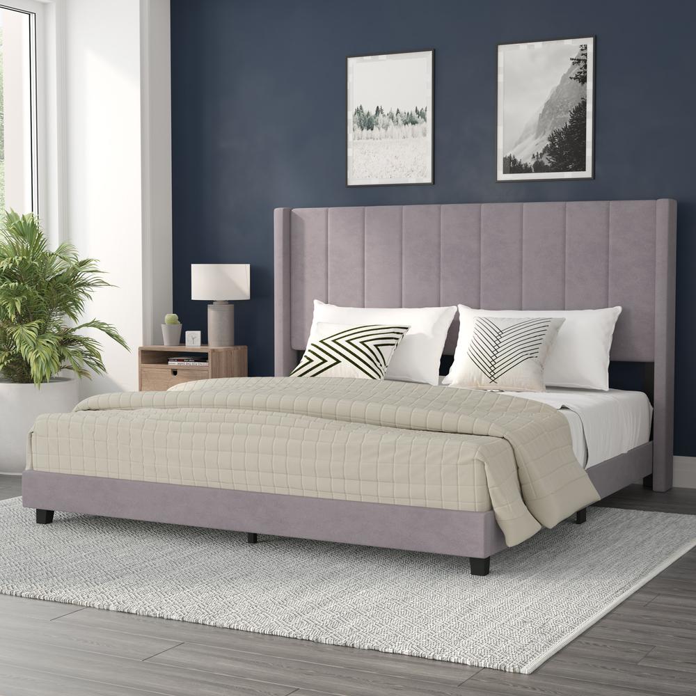 King Upholstered Platform Bed with Vertical Stitched Headboard, Gray Velvet. Picture 1