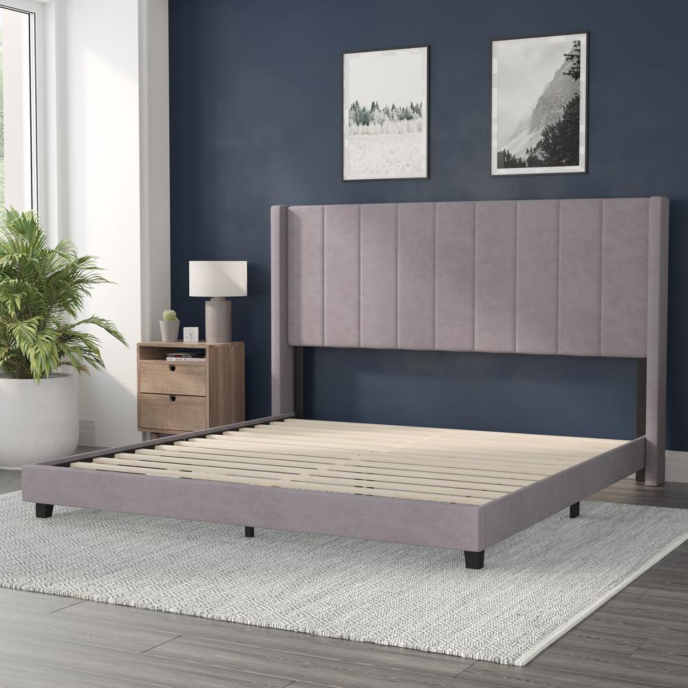 King Upholstered Platform Bed with Vertical Stitched Headboard, Gray Velvet. Picture 6