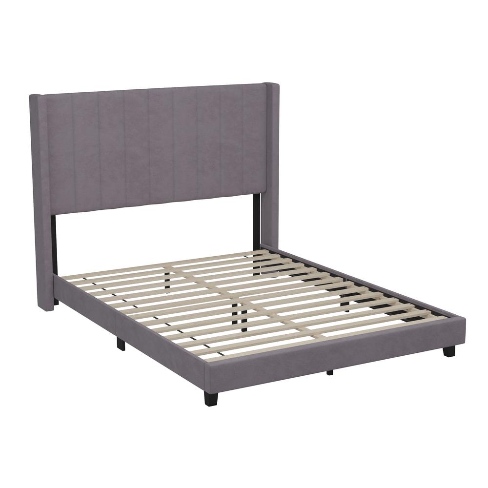 Queen Upholstered Platform Bed with Vertical Stitched Headboard, Gray Velvet. Picture 2