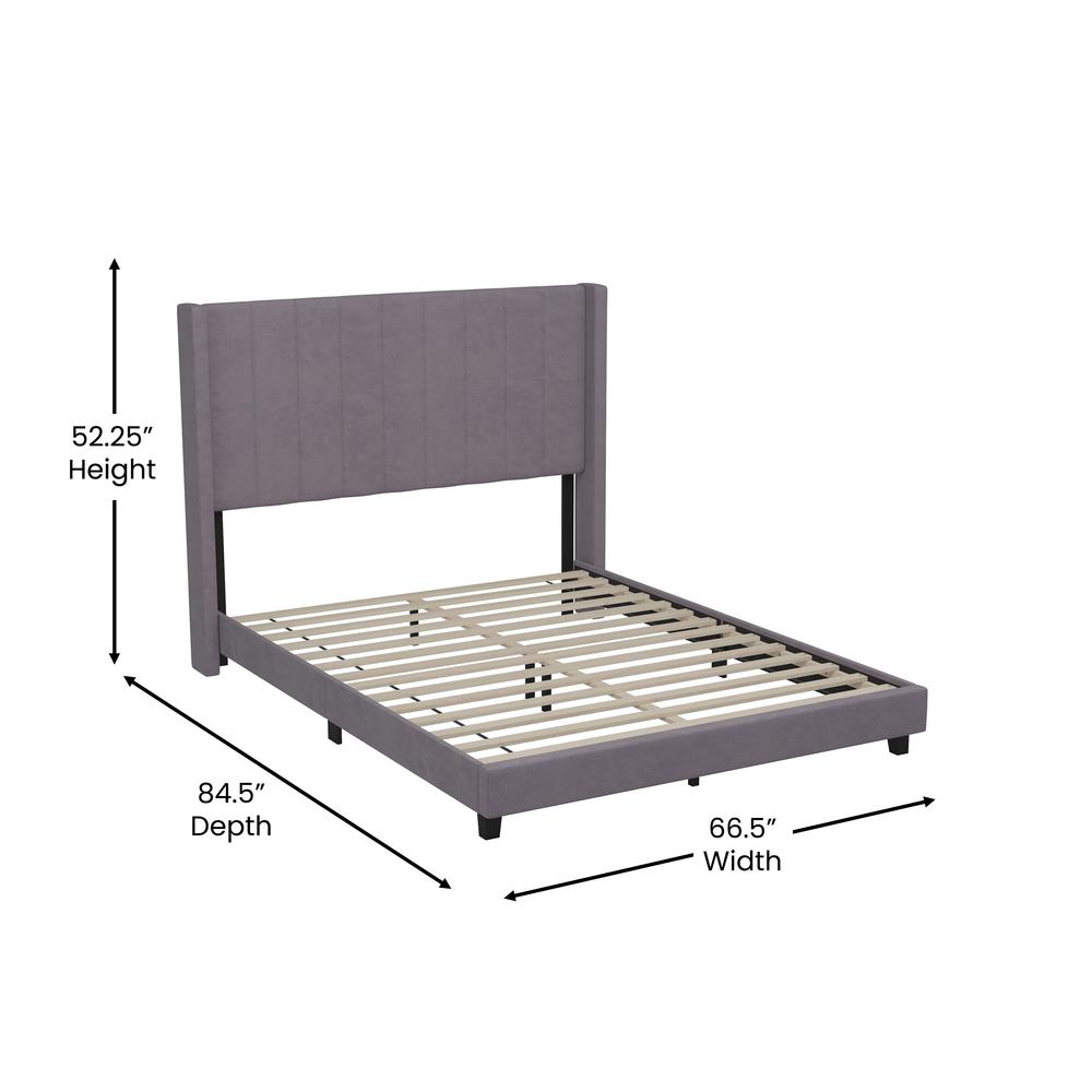 Queen Upholstered Platform Bed with Vertical Stitched Headboard, Gray Velvet. Picture 5