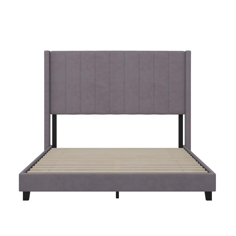 Queen Upholstered Platform Bed with Vertical Stitched Headboard, Gray Velvet. Picture 8