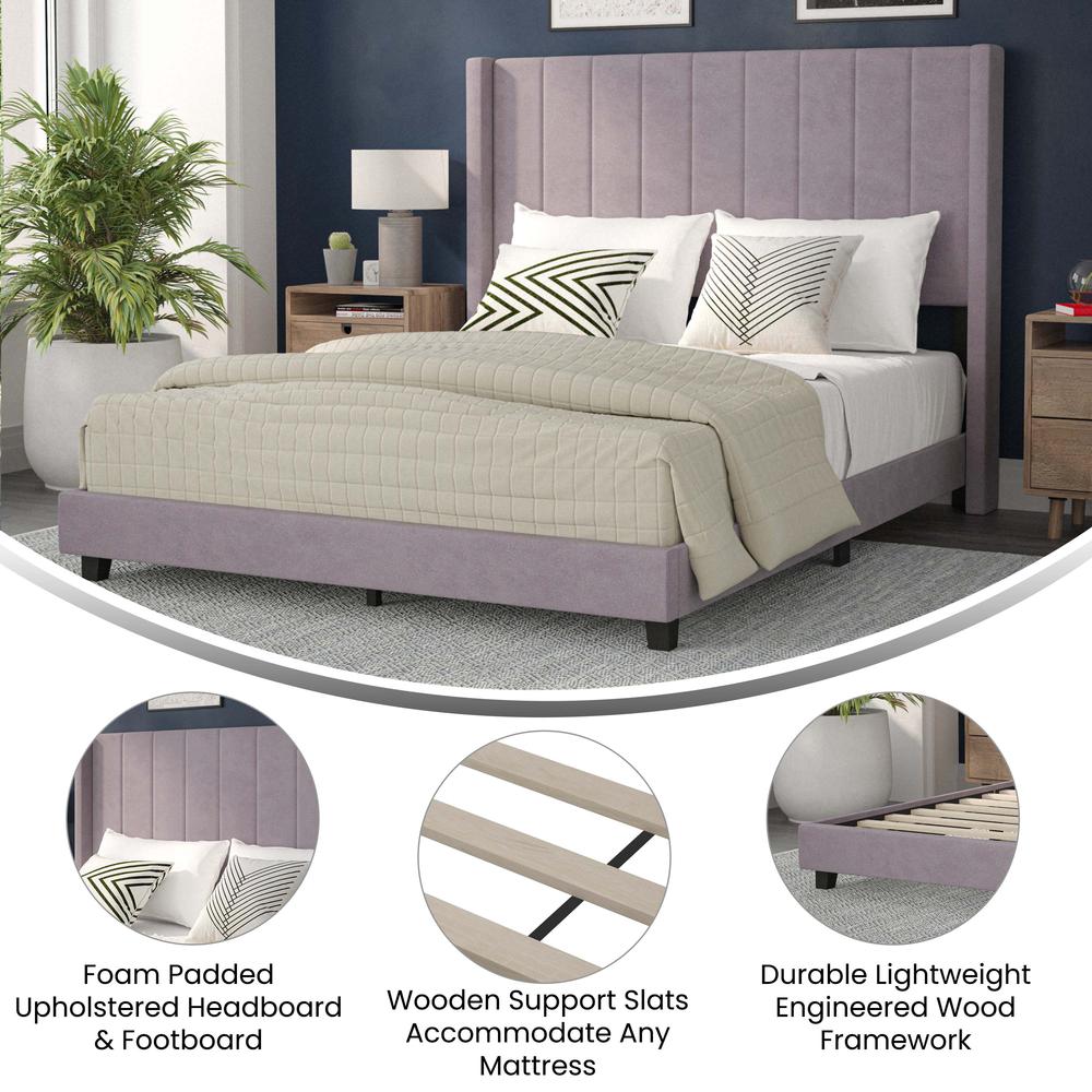 Queen Upholstered Platform Bed with Vertical Stitched Headboard, Gray Velvet. Picture 4