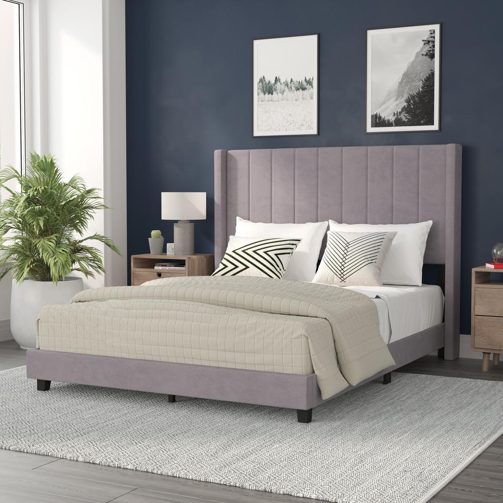 Queen Upholstered Platform Bed with Vertical Stitched Headboard, Gray Velvet. Picture 1