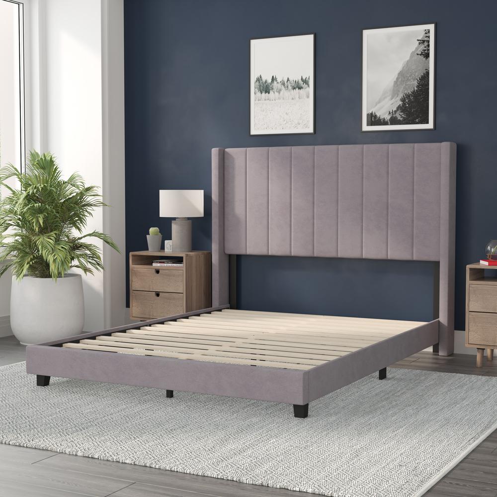 Queen Upholstered Platform Bed with Vertical Stitched Headboard, Gray Velvet. Picture 6