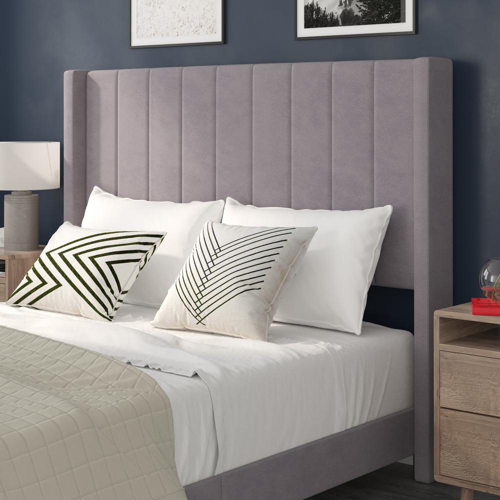 Queen Upholstered Platform Bed with Vertical Stitched Headboard, Gray Velvet. Picture 7