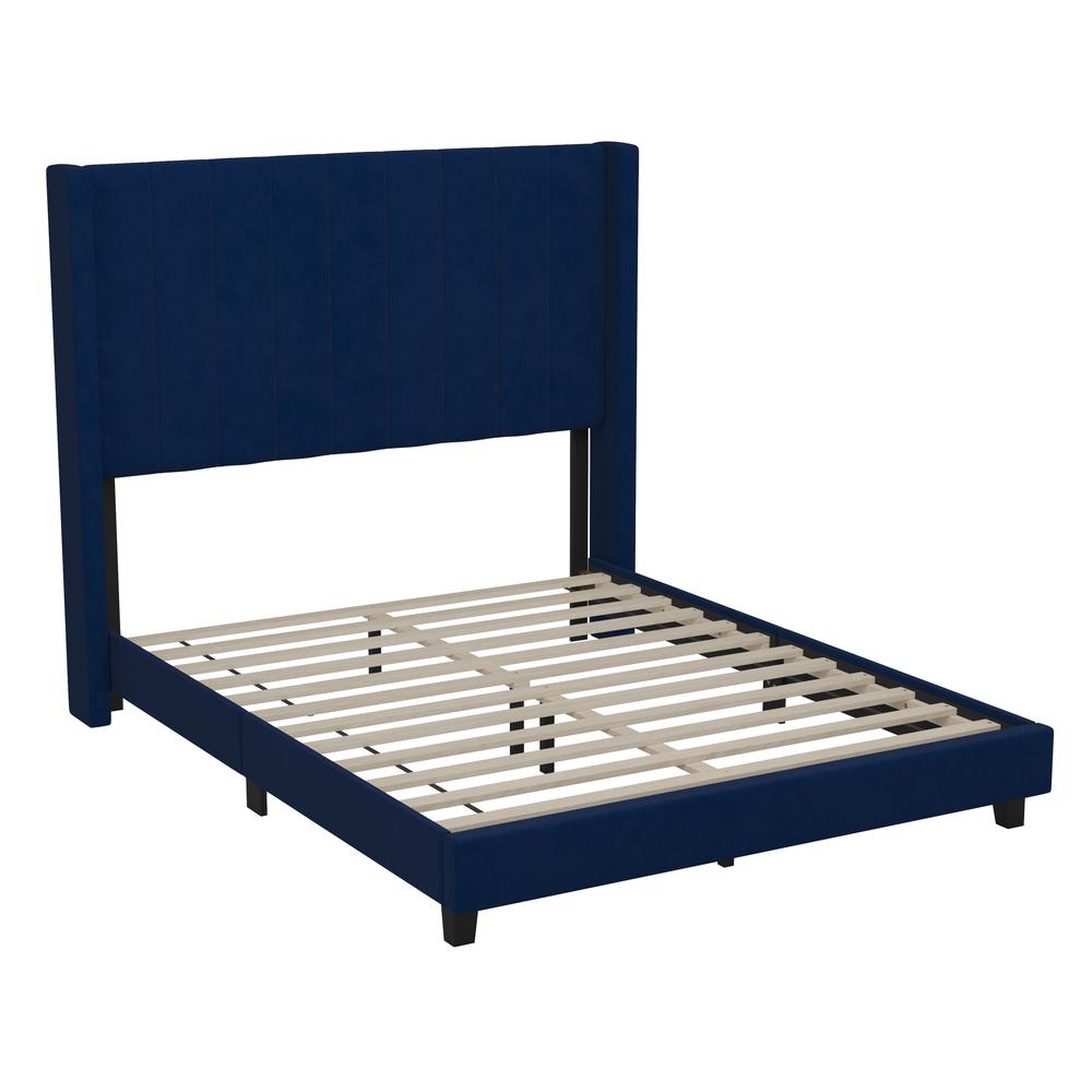 Full Upholstered Platform Bed with Vertical Stitched Headboard, Navy Velvet. Picture 2