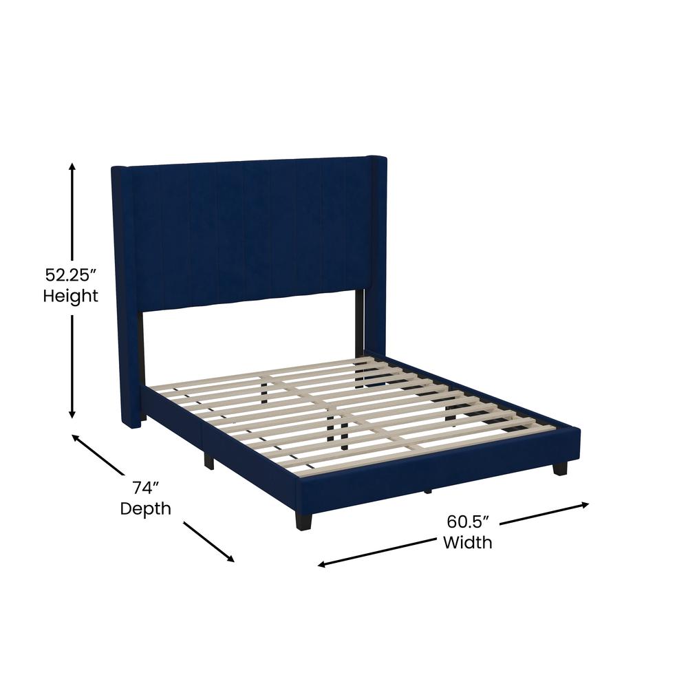 Full Upholstered Platform Bed with Vertical Stitched Headboard, Navy Velvet. Picture 5