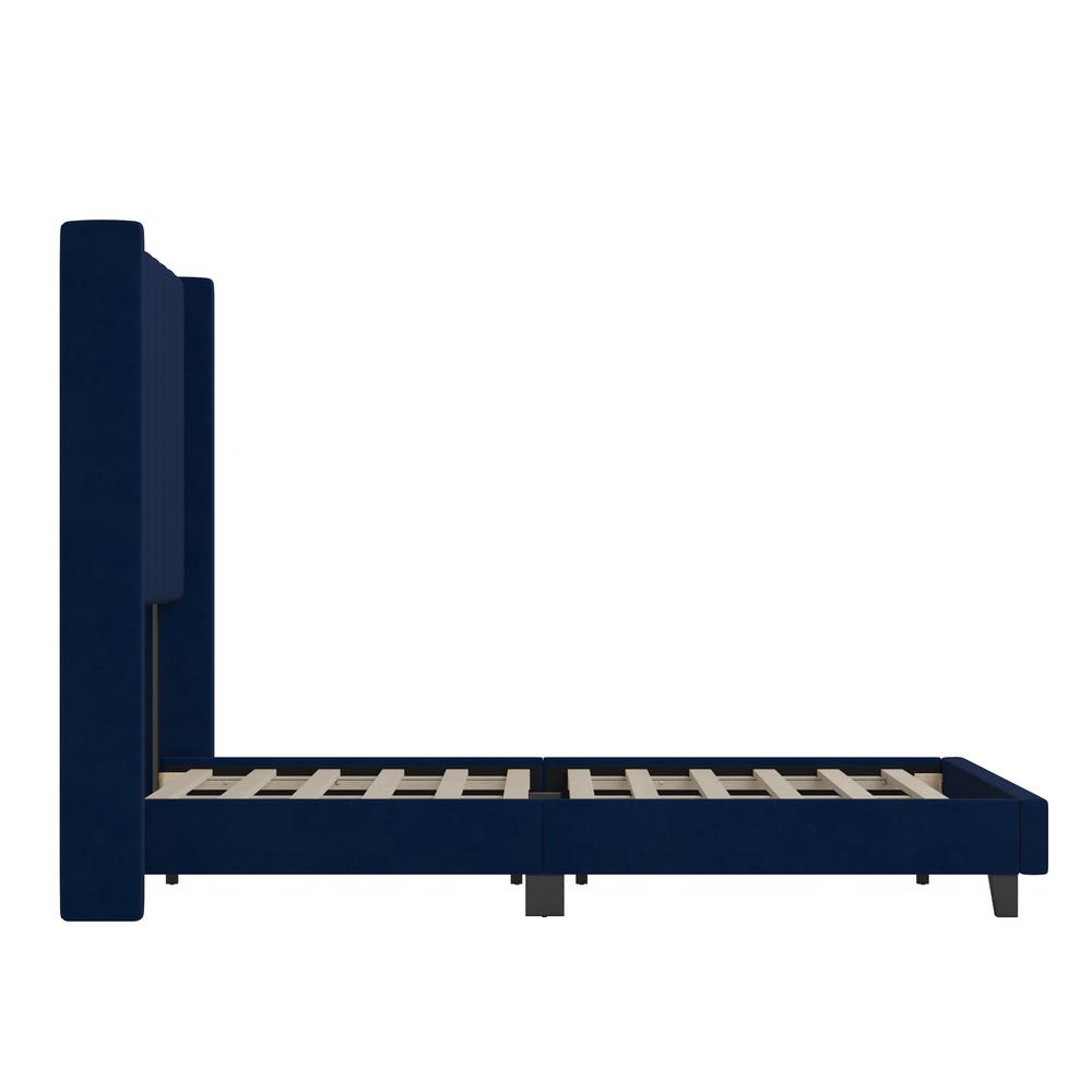 Full Upholstered Platform Bed with Vertical Stitched Headboard, Navy Velvet. Picture 9