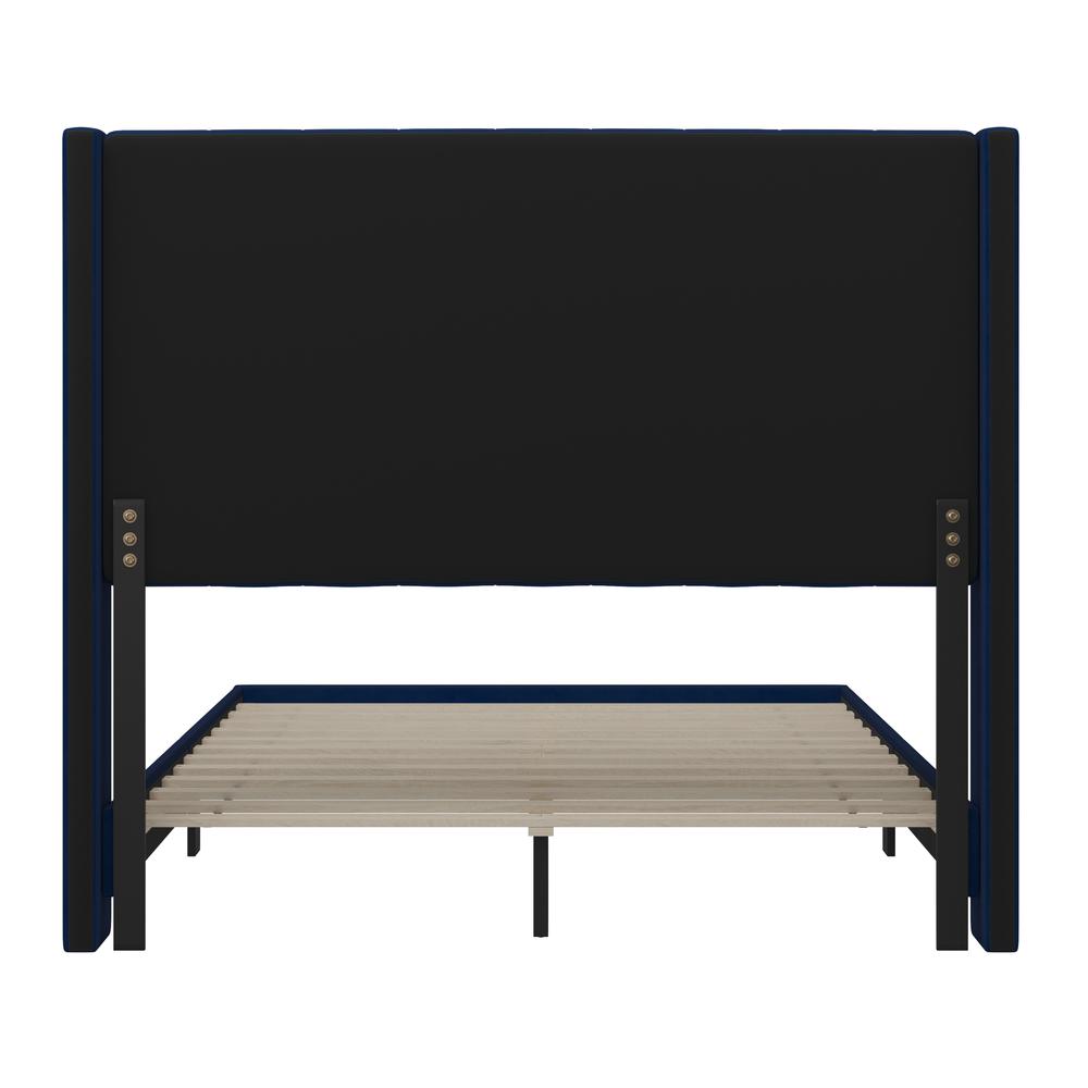 Full Upholstered Platform Bed with Vertical Stitched Headboard, Navy Velvet. Picture 8