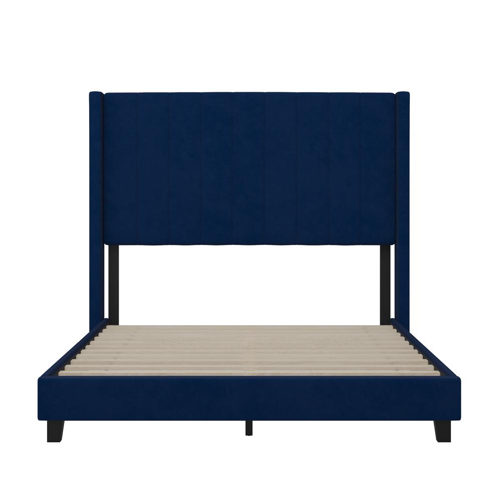 Full Upholstered Platform Bed with Vertical Stitched Headboard, Navy Velvet. Picture 10