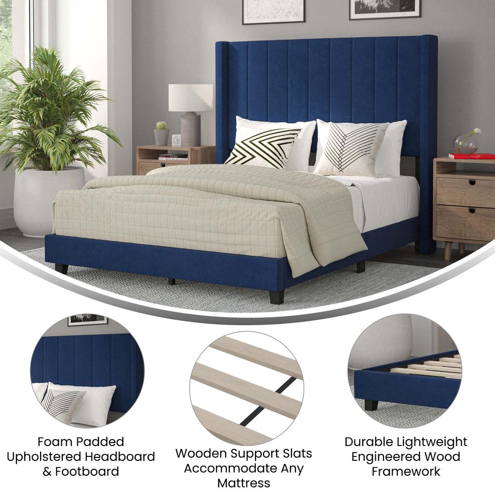 Full Upholstered Platform Bed with Vertical Stitched Headboard, Navy Velvet. Picture 4