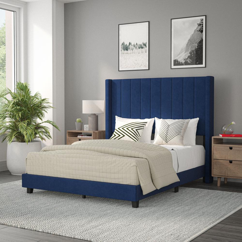 Full Upholstered Platform Bed with Vertical Stitched Headboard, Navy Velvet. Picture 1