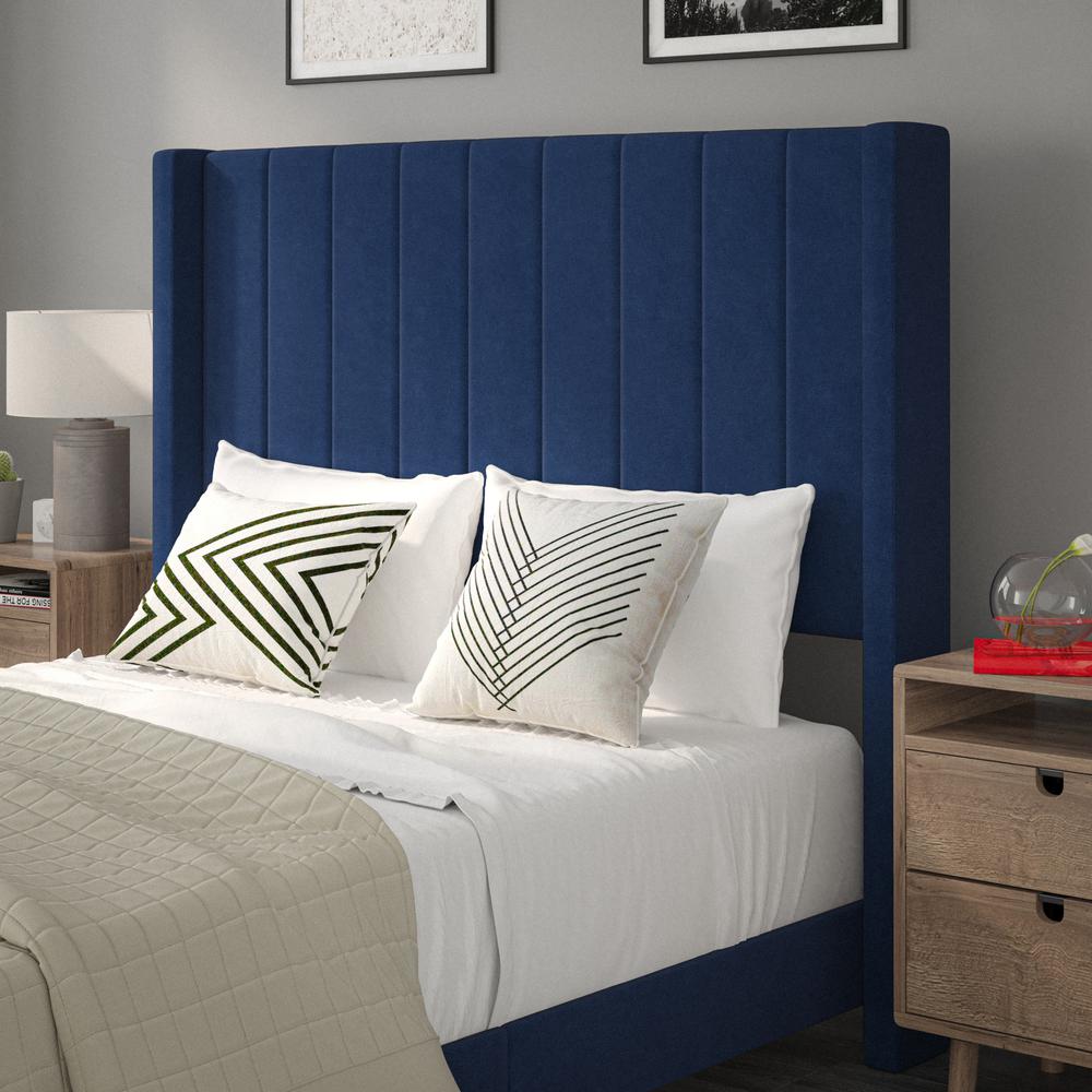Full Upholstered Platform Bed with Vertical Stitched Headboard, Navy Velvet. Picture 6
