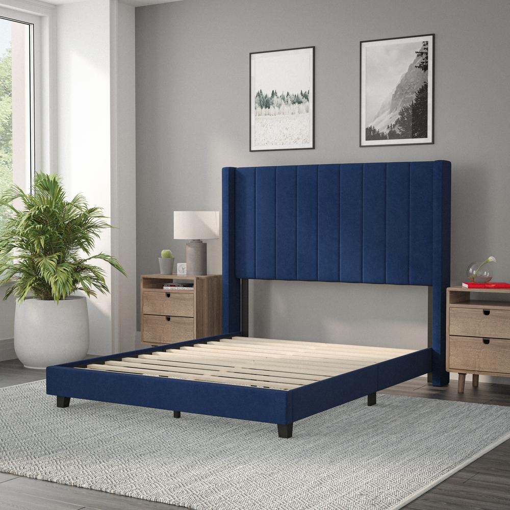 Full Upholstered Platform Bed with Vertical Stitched Headboard, Navy Velvet. Picture 7