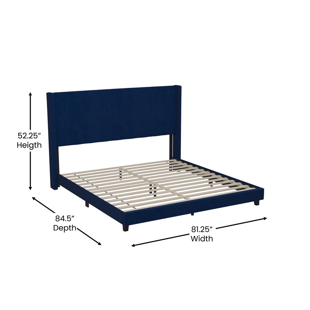 King Upholstered Platform Bed with Vertical Stitched Headboard, Navy Velvet. Picture 5
