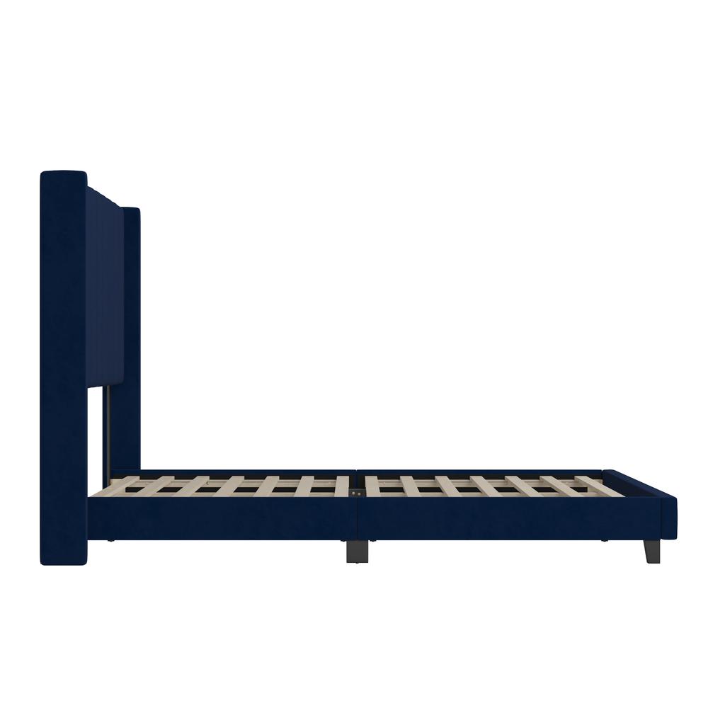 King Upholstered Platform Bed with Vertical Stitched Headboard, Navy Velvet. Picture 9