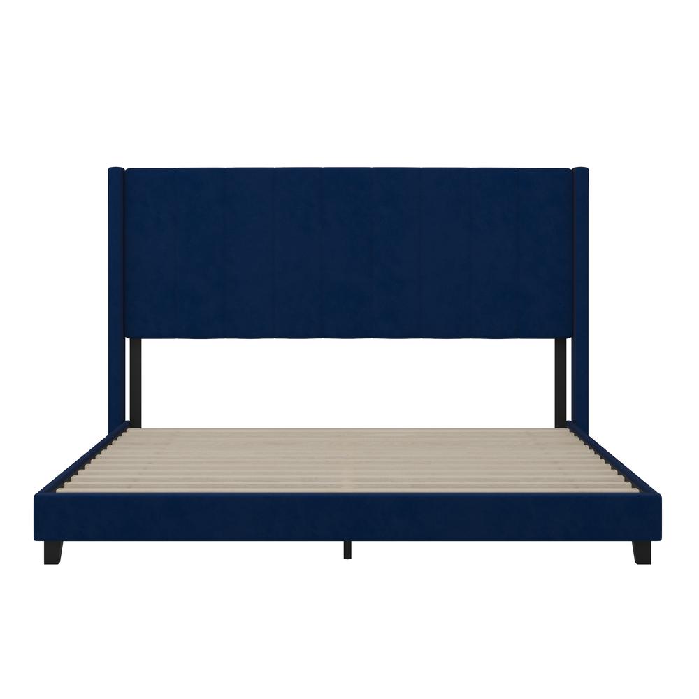 King Upholstered Platform Bed with Vertical Stitched Headboard, Navy Velvet. Picture 10