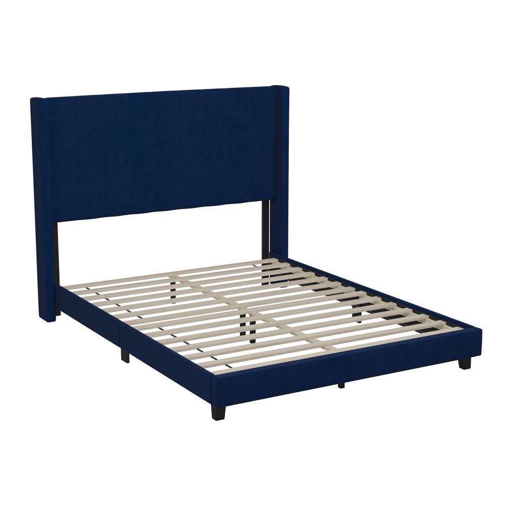 Queen Upholstered Platform Bed with Vertical Stitched Headboard, Navy Velvet. Picture 2