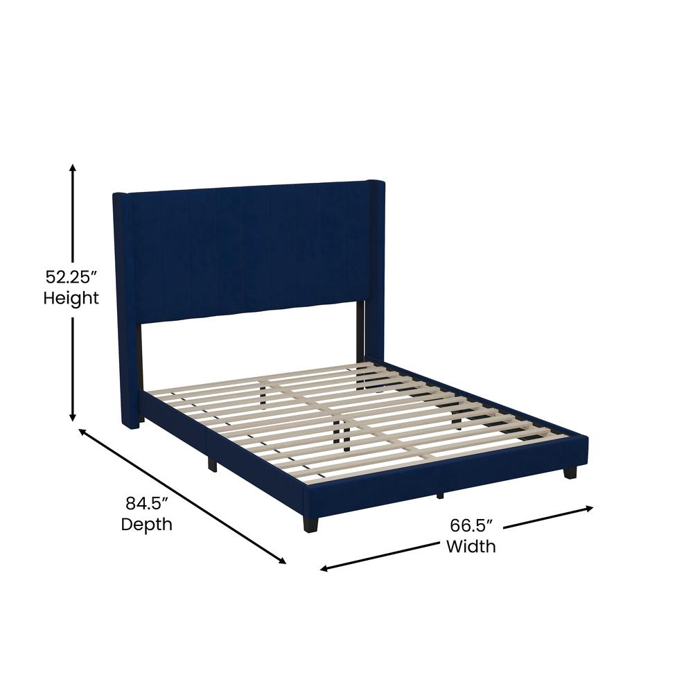 Queen Upholstered Platform Bed with Vertical Stitched Headboard, Navy Velvet. Picture 5