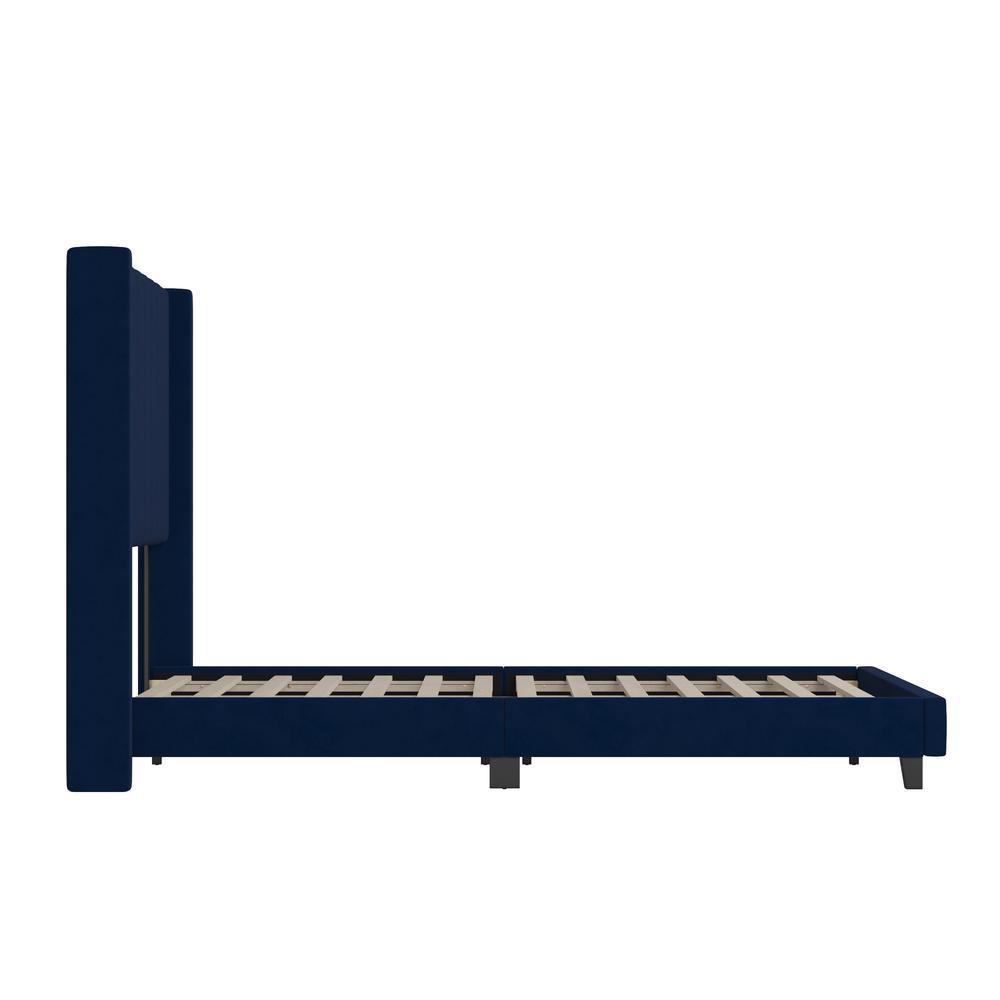 Queen Upholstered Platform Bed with Vertical Stitched Headboard, Navy Velvet. Picture 9