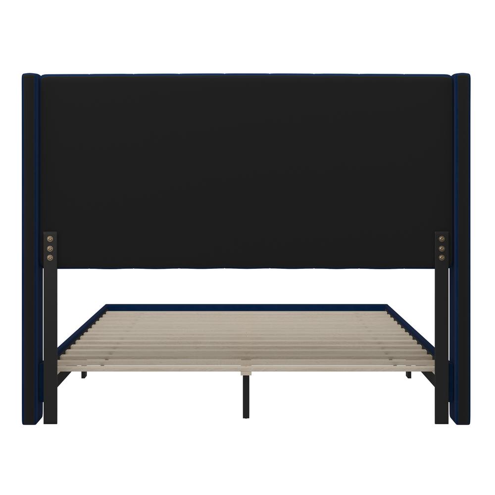 Queen Upholstered Platform Bed with Vertical Stitched Headboard, Navy Velvet. Picture 8