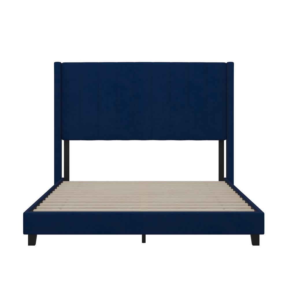 Queen Upholstered Platform Bed with Vertical Stitched Headboard, Navy Velvet. Picture 10