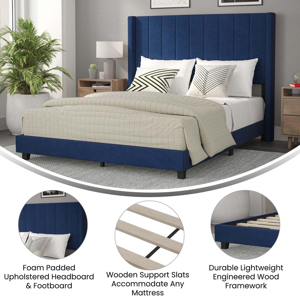 Queen Upholstered Platform Bed with Vertical Stitched Headboard, Navy Velvet. Picture 4