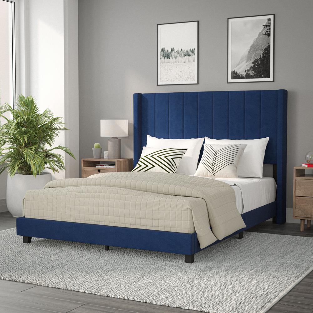 Queen Upholstered Platform Bed with Vertical Stitched Headboard, Navy Velvet. Picture 1