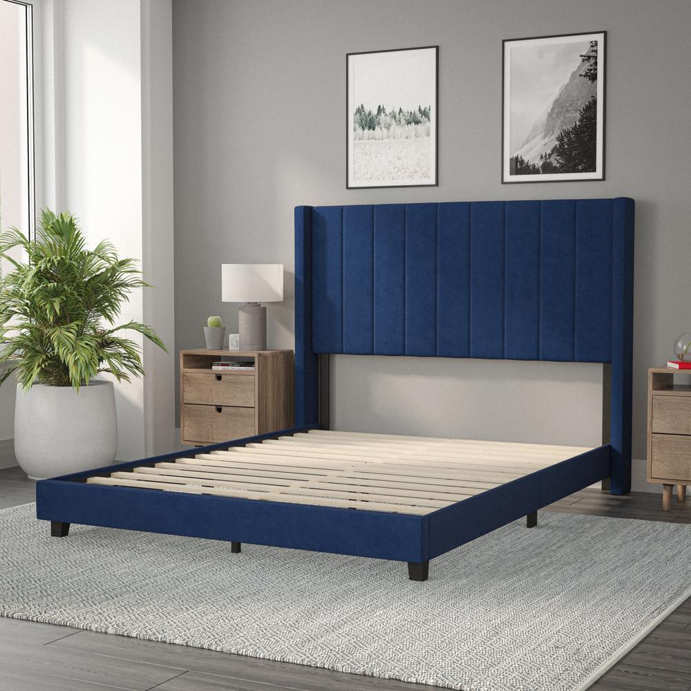 Queen Upholstered Platform Bed with Vertical Stitched Headboard, Navy Velvet. Picture 7