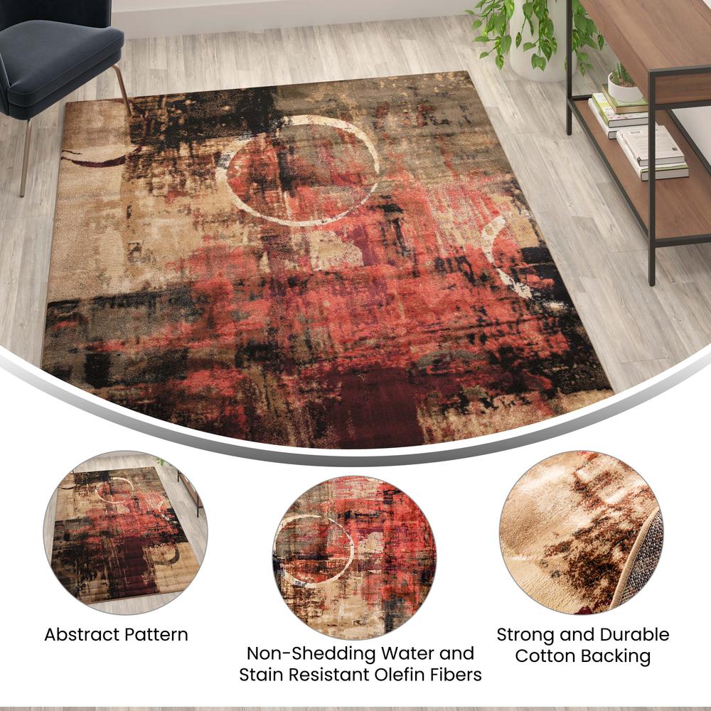 Caldor Collection Abstract 6' x 9' Warm Beige, Green, and Red Olefin Area Rug with Jute Backing, Living Room, Bedroom. Picture 4
