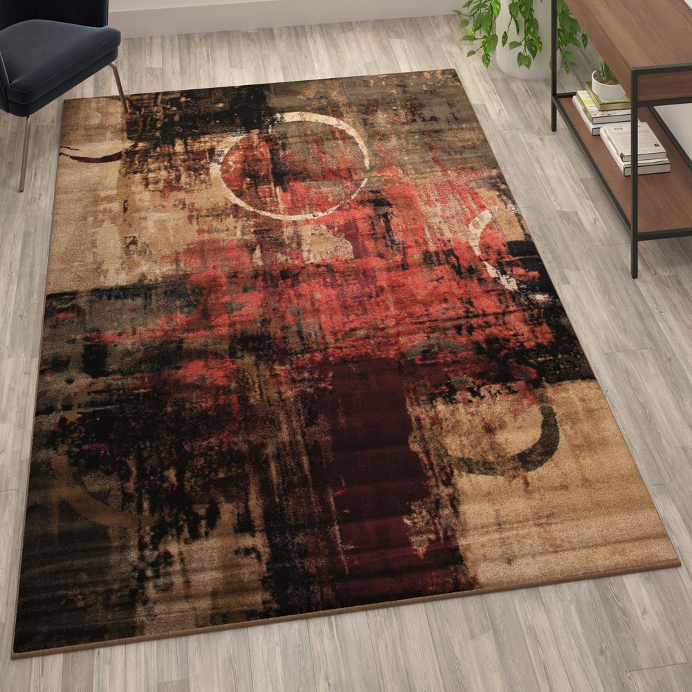 Caldor Collection Abstract 6' x 9' Warm Beige, Green, and Red Olefin Area Rug with Jute Backing, Living Room, Bedroom. Picture 1