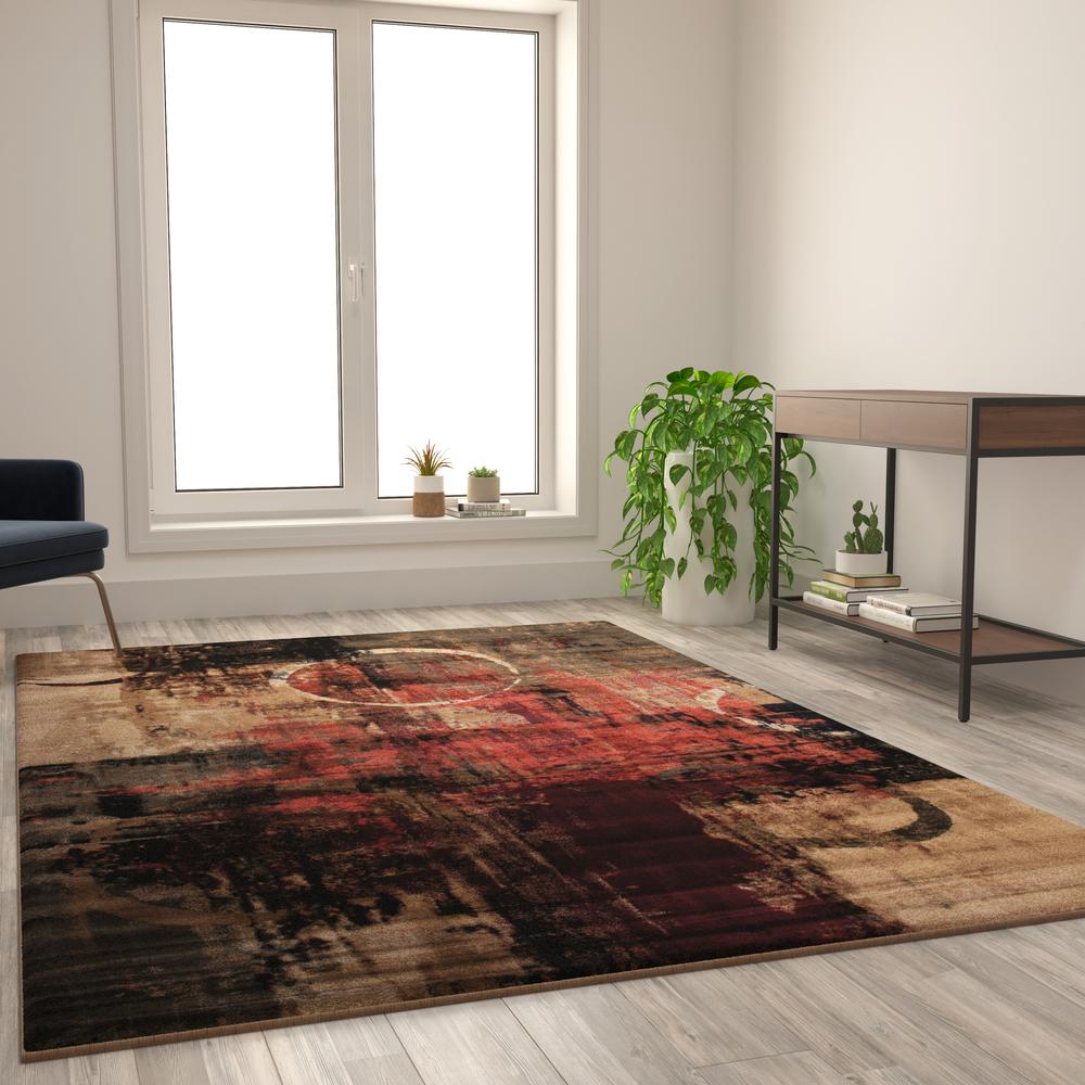 Caldor Collection Abstract 6' x 9' Warm Beige, Green, and Red Olefin Area Rug with Jute Backing, Living Room, Bedroom. Picture 6
