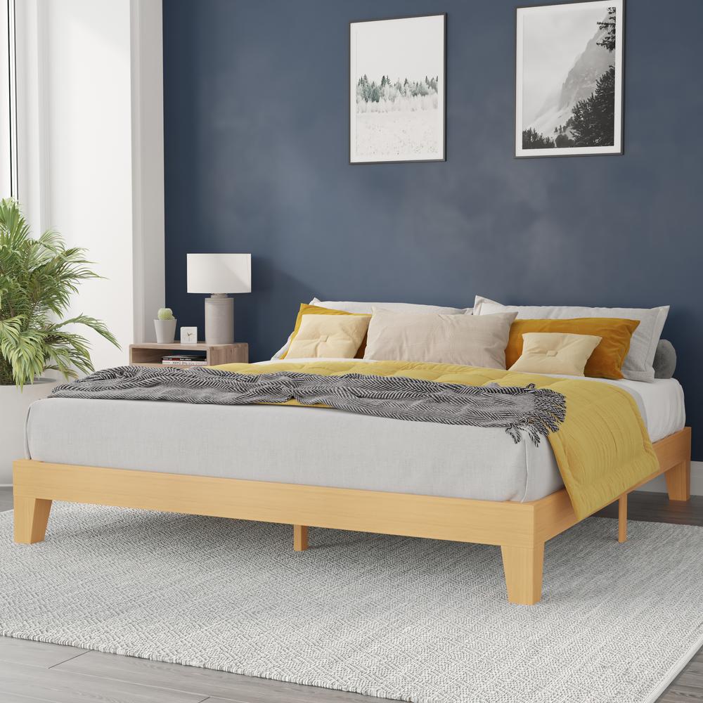 Natural Pine Finish Wood King Platform Bed with Wooden Support Slats. Picture 2