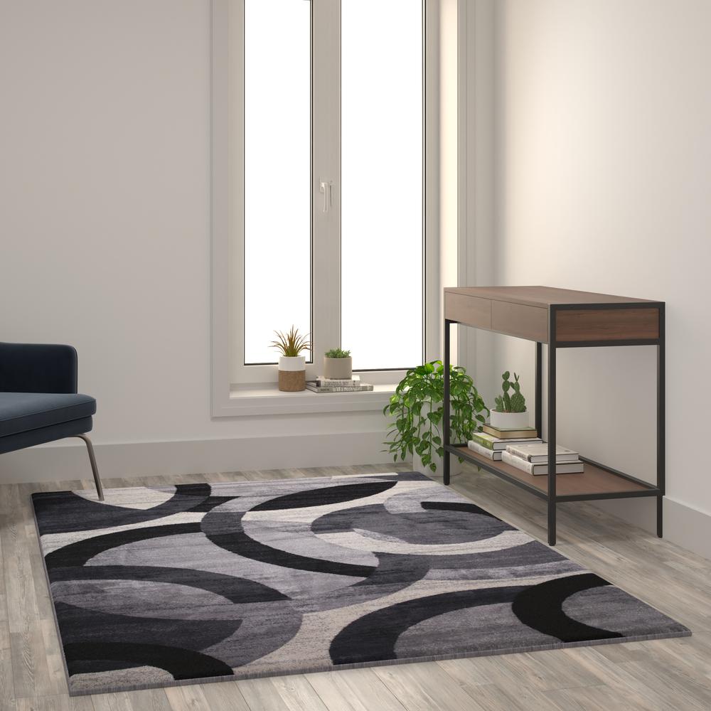Geometric 5' x 7' Black and Gray Olefin Area Rug, Living Room, Bedroom. Picture 1