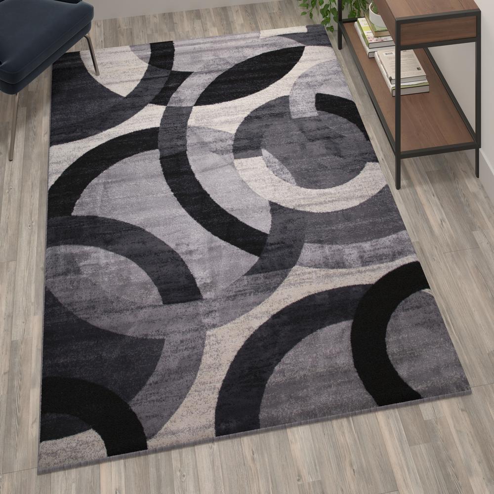 Geometric 5' x 7' Black and Gray Olefin Area Rug, Living Room, Bedroom. Picture 6