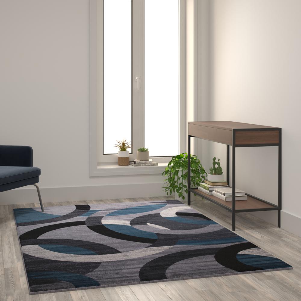 Geometric 5' x 7' Blue and Gray Olefin Area Rug, Living Room, Bedroom. Picture 1