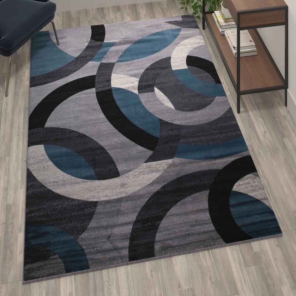 Geometric 5' x 7' Blue and Gray Olefin Area Rug, Living Room, Bedroom. Picture 6