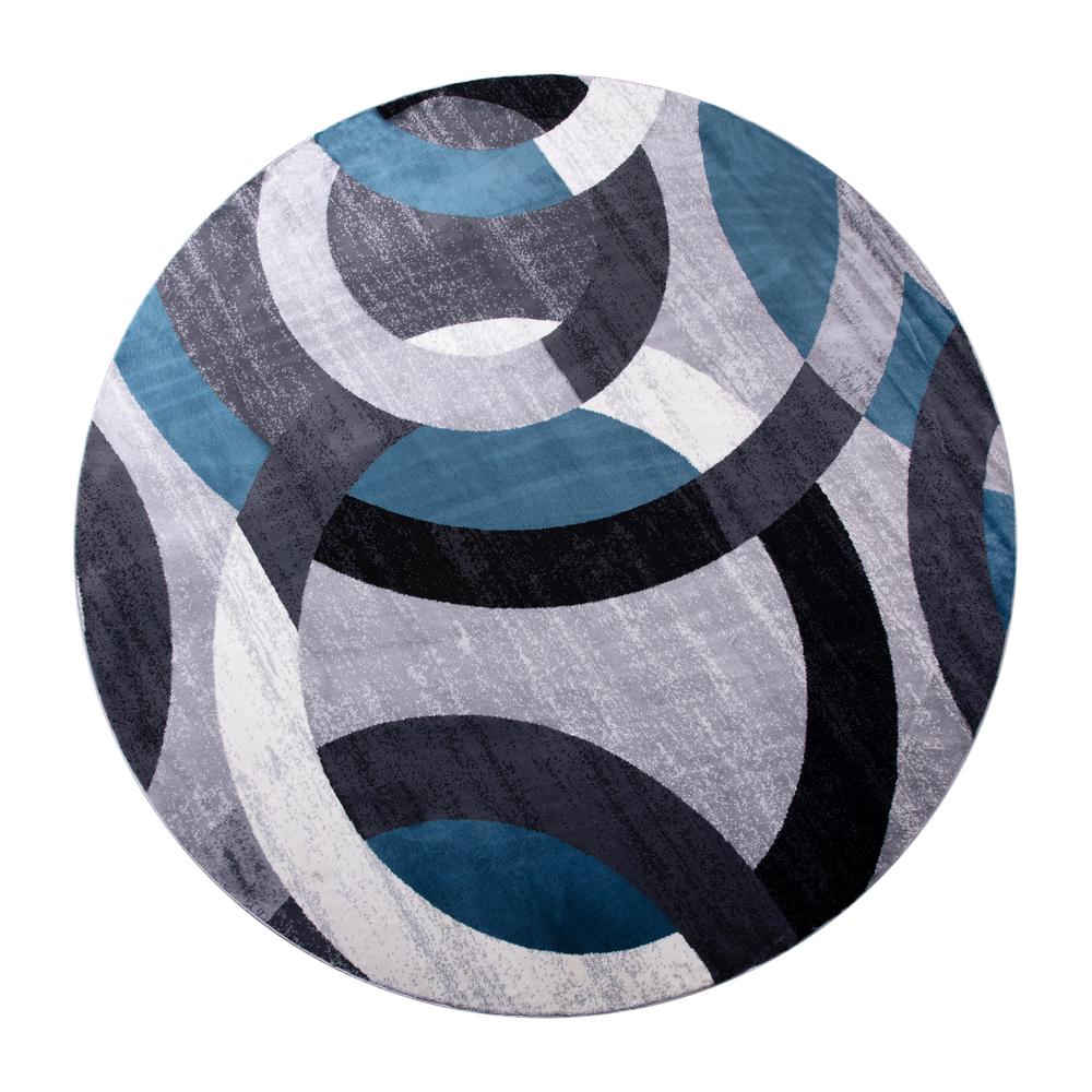 Geometric 5' x 5' Blue and Gray Round Olefin Area Rug, Living Room, Bedroom. Picture 2