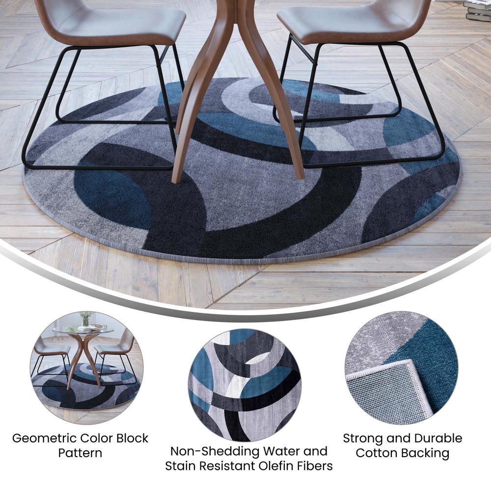 Geometric 5' x 5' Blue and Gray Round Olefin Area Rug, Living Room, Bedroom. Picture 4