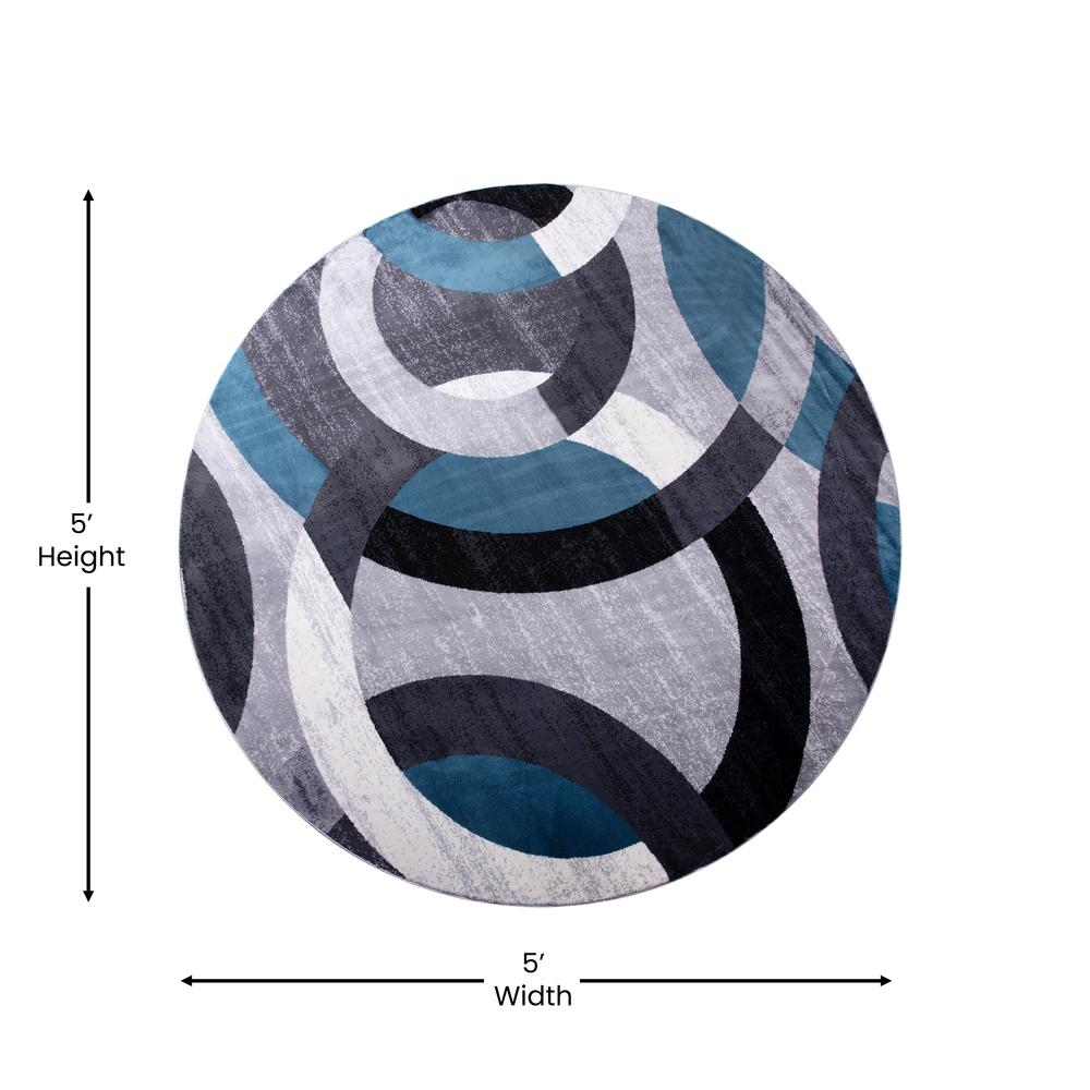 Geometric 5' x 5' Blue and Gray Round Olefin Area Rug, Living Room, Bedroom. Picture 5