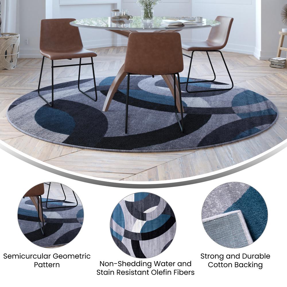Geometric 8' x 8' Blue and Gray Round Olefin Area Rug, Living Room, Bedroom. Picture 4