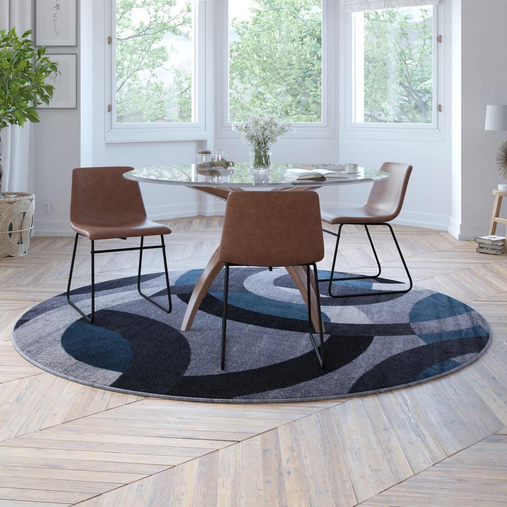 Geometric 8' x 8' Blue and Gray Round Olefin Area Rug, Living Room, Bedroom. Picture 1