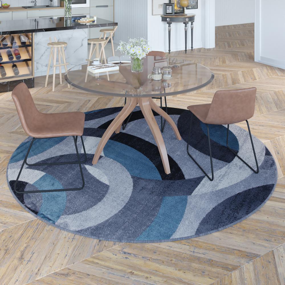 Geometric 8' x 8' Blue and Gray Round Olefin Area Rug, Living Room, Bedroom. Picture 6