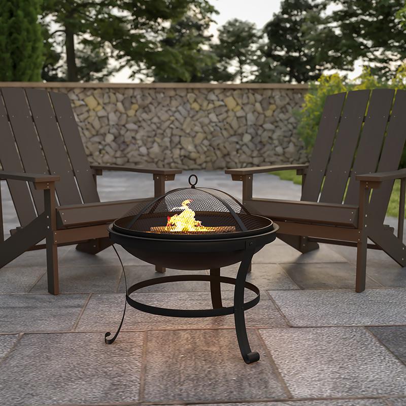 22" Round Wood Burning Firepit with Mesh Spark Screen and Poker. Picture 1