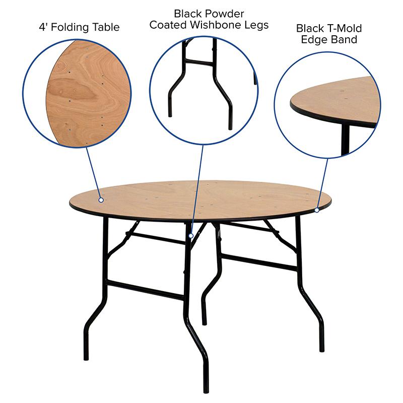 4-Foot Round Wood Folding Banquet Table with Clear Coated Finished Top. Picture 5